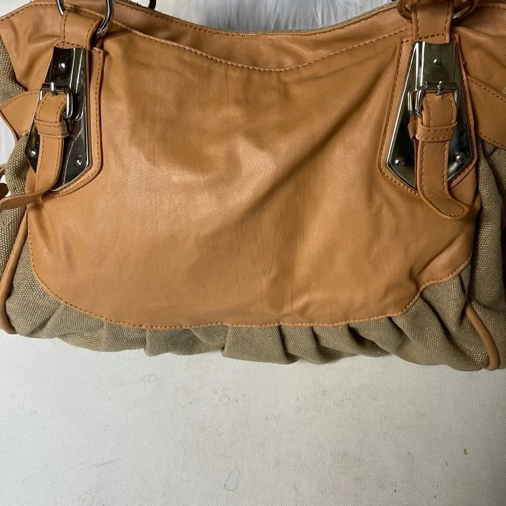 Cato canvas khaki & tan faux leather satchel  with silver tone hardwares .